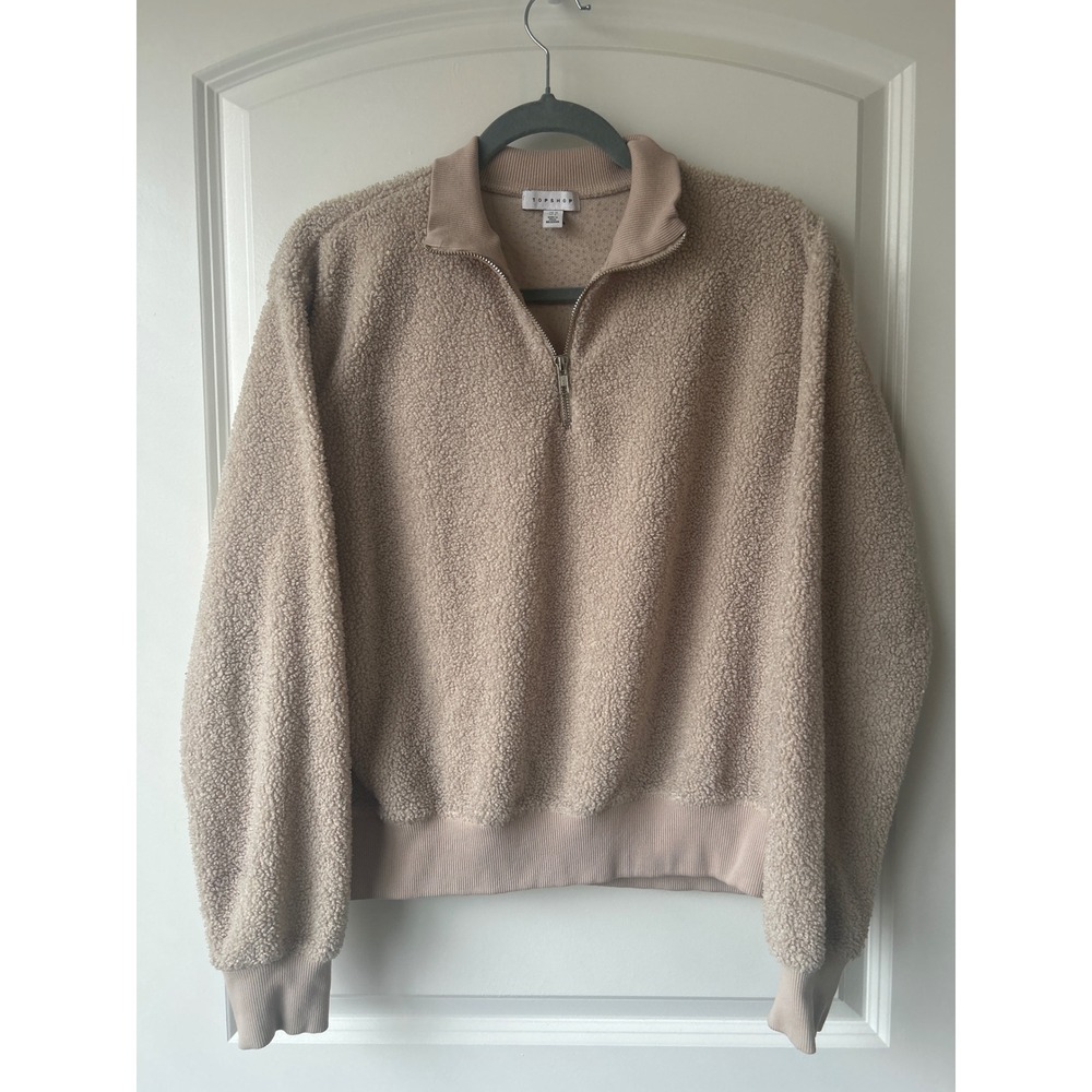 Topshop Womens Beige Borg Fleece Quarter Zip Pullover Sweatshirt Size US 8